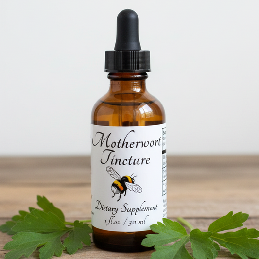 Label for Motherwort Tincture dietary supplement with bee illustration and text.