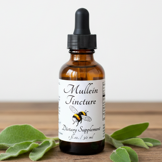 Label for Mullein Tincture dietary supplement with botanical details and warnings.