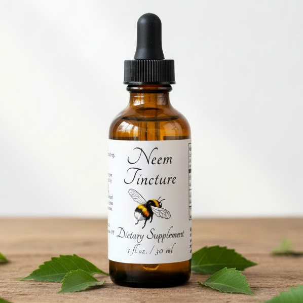 Label for Neem Tincture dietary supplement with botanical bee illustration and text.
