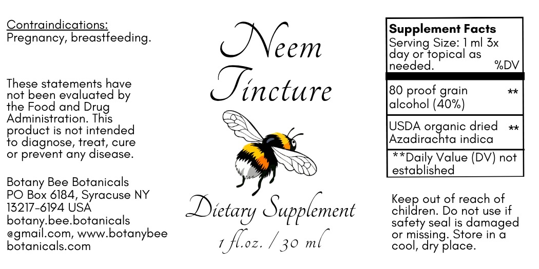 Label for Neem Tincture dietary supplement with botanical bee illustration and text.