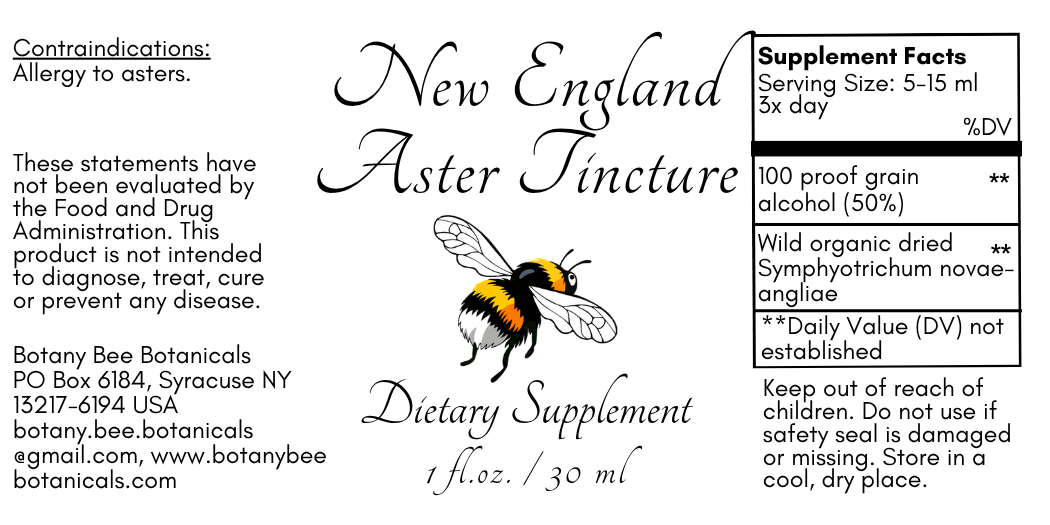 Label of New England Aster Tincture dietary supplement with bee illustration and text.