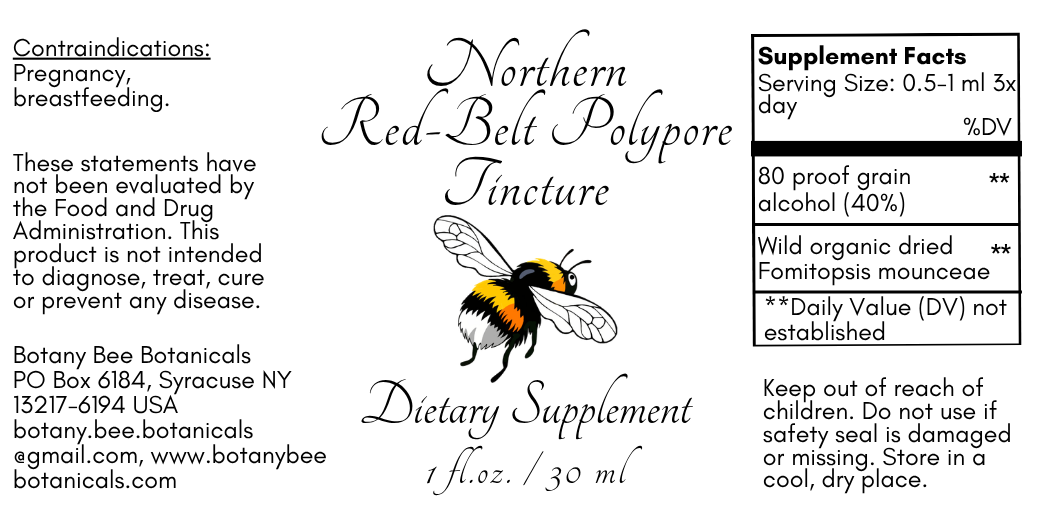 Label of Northern Red-Belt Polypore Tincture dietary supplement with bee illustration and text.