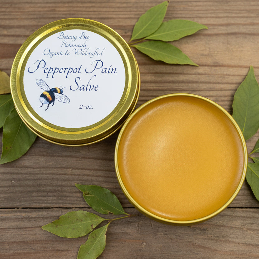 Open tin of Botany Bee Botanicals Pepperpot Pain Salve