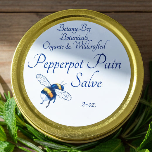 Pepperpot Pain Salve container with gold lid and label 