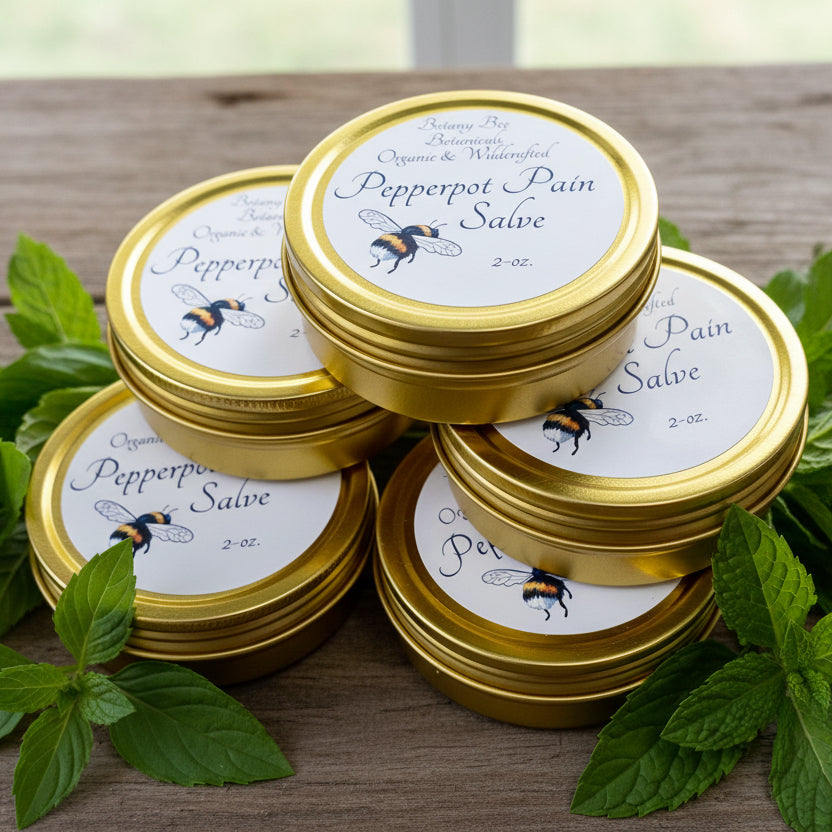 Four tins of Pepperpot Pain Salve with gold lids