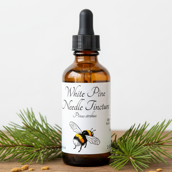 White Pine Needle Tincture with a bee illustration and text details.
