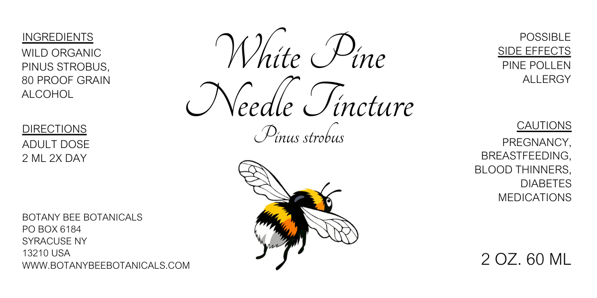 Label for White Pine Needle Tincture with a bee illustration and text details.
