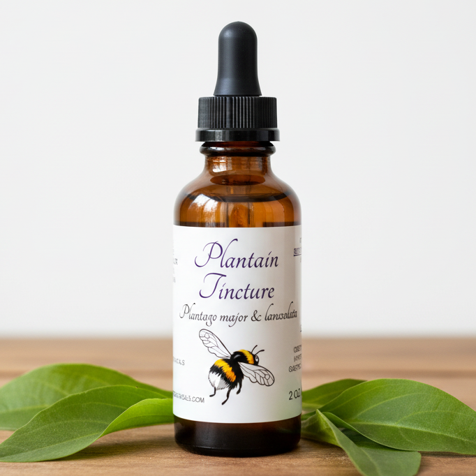 Label for Plantain Tincture with botanical illustration and text details.