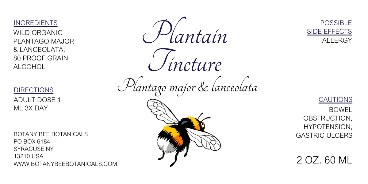 Label for Plantain Tincture with botanical illustration and text details.