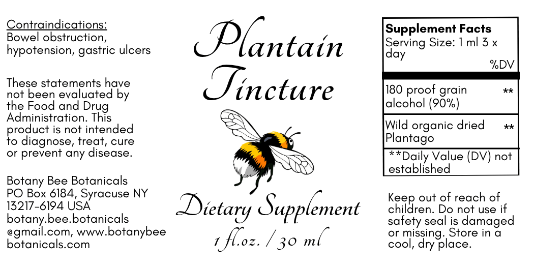 A product label for Plantain Tincture dietary supplement by Botany Bee Botanicals, featuring a black and white bee illustration, usage instructions, and a supplement facts panel on a white background.