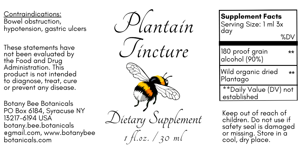 Label of Plantain Tincture dietary supplement with botanical bee illustration and text.