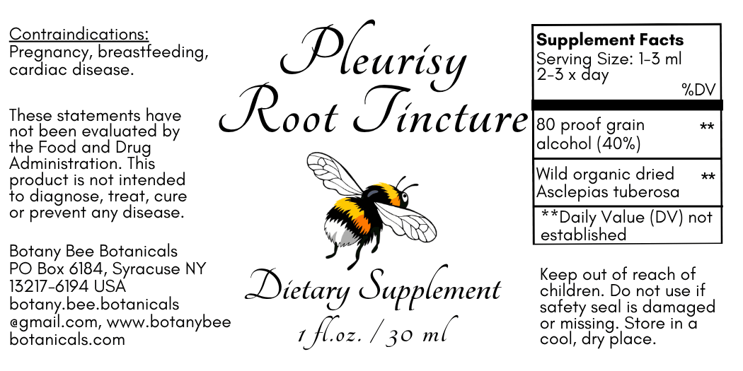 A black and white product label for Pleursy Root Tincture dietary supplement by Botany Bee Botanicals, featuring a bee illustration and a supplement facts box.