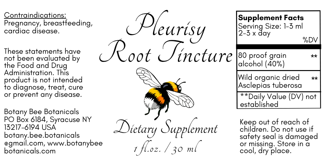Label for Pleurisy Root Tincture dietary supplement with bee illustration and text.