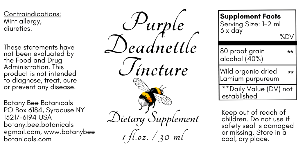 A black-and-white supplement label for Purple Deadnettle Tincture by Botany Bee Botanicals, showing serving size, supplement facts, contraindications, and storage instructions.