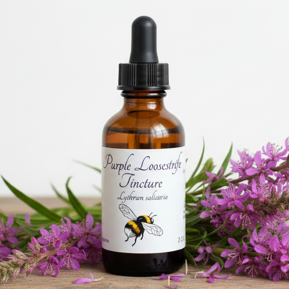 Label for Purple Loosestrife Tincture with a bee illustration and text details.