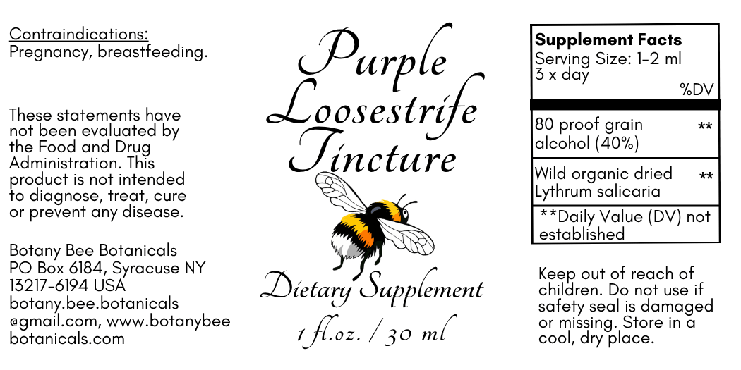 A black-and-white supplement label for Purple Loosestrife Tincture by Botany Bee Botanicals, showing the product name, a bee illustration, usage text, and a supplement facts panel.