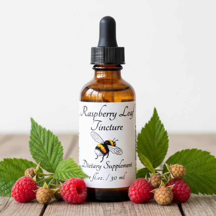 Label for Raspberry Leaf Tincture dietary supplement with botanical bee illustration and text.