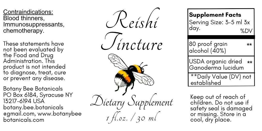 Label for Reishi Tincture dietary supplement with bee illustration and text.
