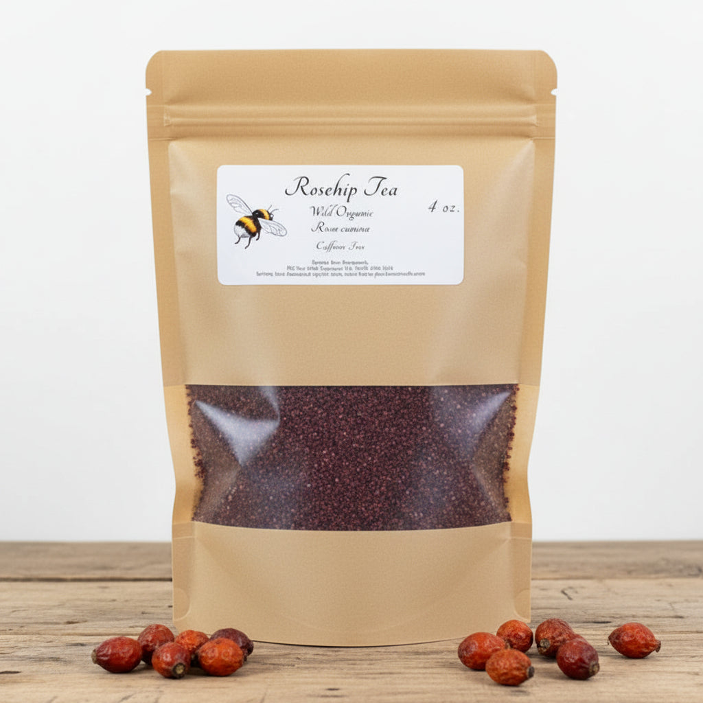 Kraft paper bag of Rosehip Tea on a wooden surface with a laptop in the background.