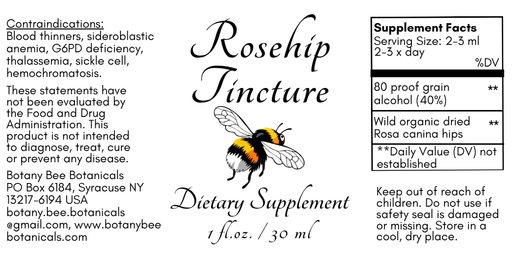 Front and back label of Rosehip Jincture dietary supplement by Botany Bee Botanicals, featuring a bee illustration and supplement facts panel.