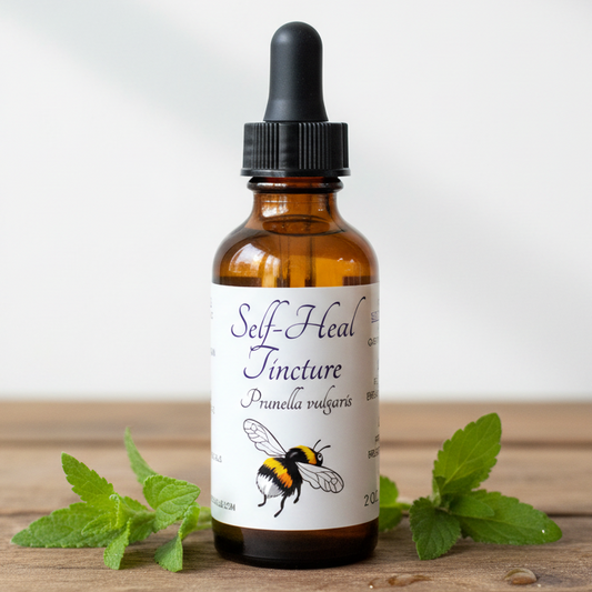 Label for Self-Heal Tincture with a bee illustration and text on a white background
