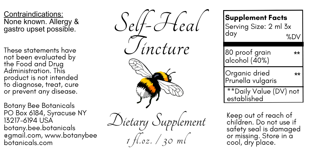 Label for Botany Bee Botanicals Self Heal Tincture dietary supplement with bee illustration and text.