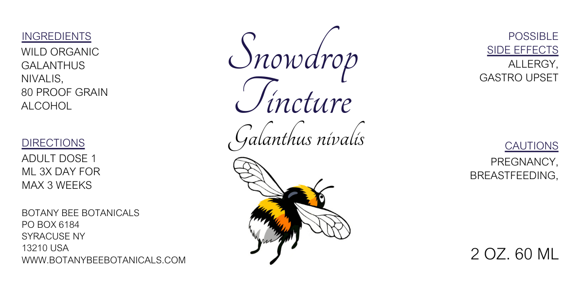 Label for Snowdrop Tincture with a bee illustration on a white background