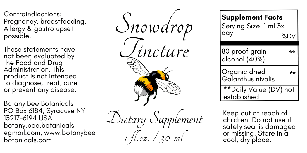 A square product label for Snowdrop Tincture dietary supplement by Botany Bee Botanicals, featuring a bumblebee illustration and Supplement Facts panel on a black background.