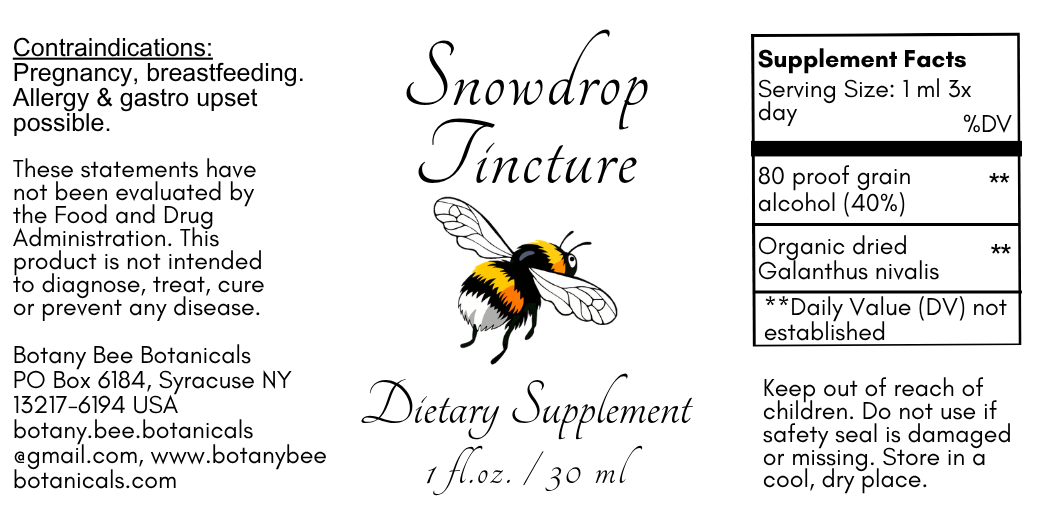 Label for Snowdrop Tincture dietary supplement with a bee illustration and text.