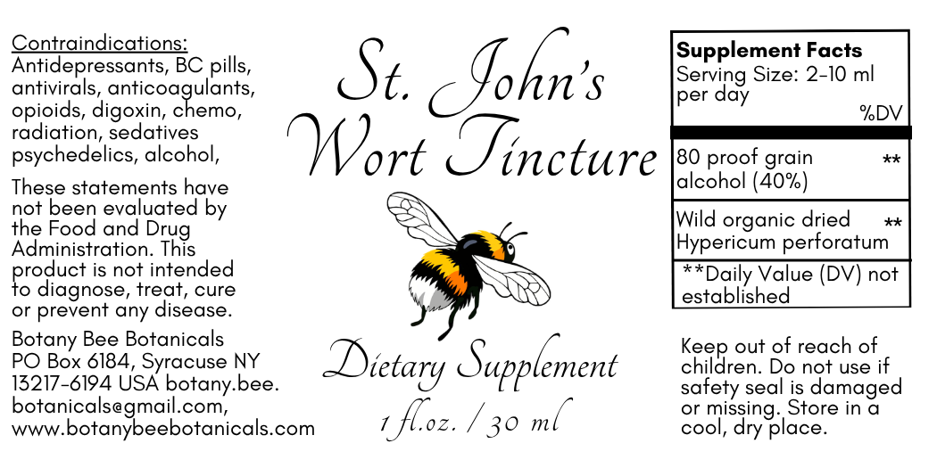 Label of St. John's Wort Tincture dietary supplement with bee illustration and text.
