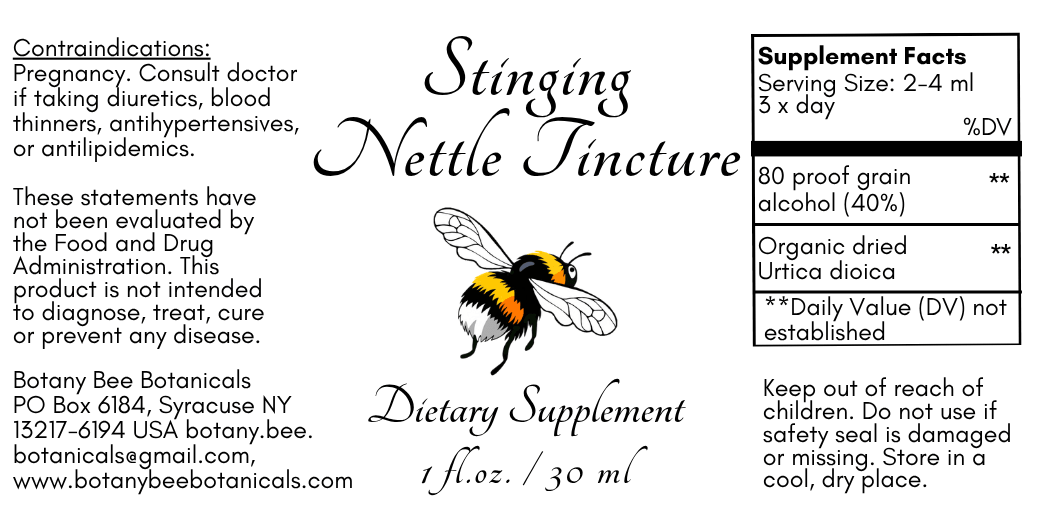 A supplement label for Stinging Nettle Tincture by Botany Bee Botanicalicals, showing the product name, a small bumblebee illustration, serving size 2-4 ml, and supplement facts on a black background.