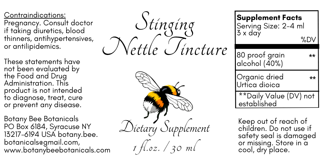 Label of Stinging Nettle Tincture dietary supplement with bee illustration and text.