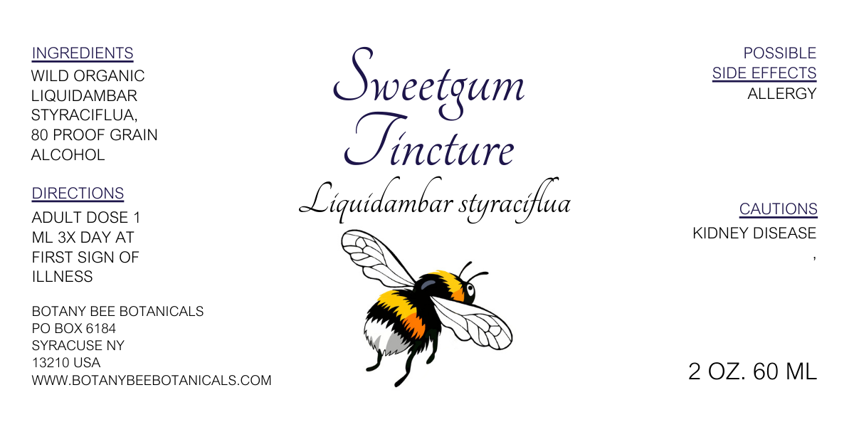 Label for Sweetgum Tincture with a bee illustration and text details.