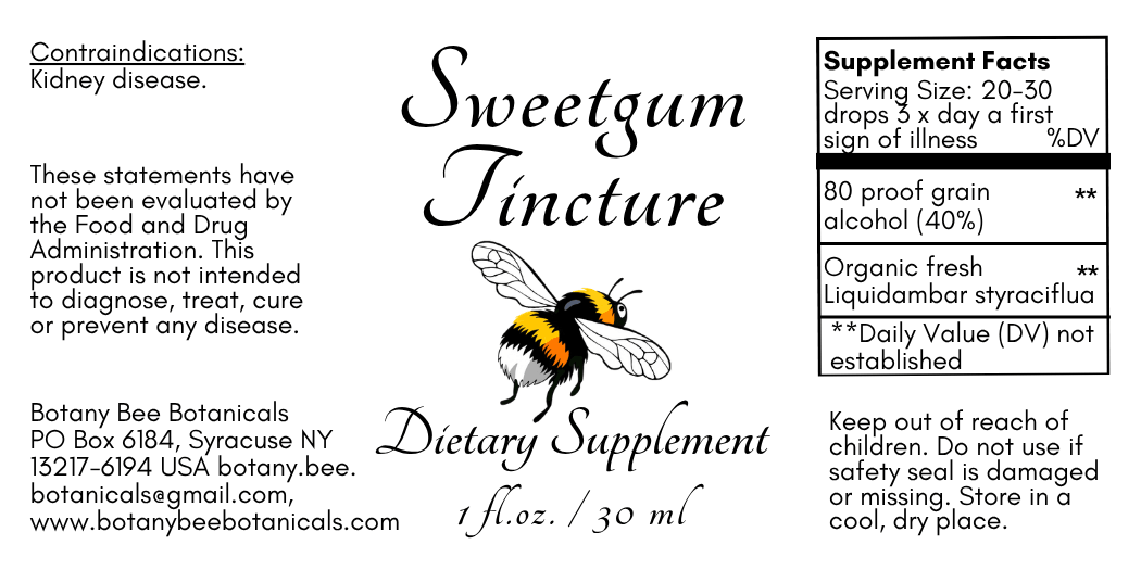 Black and white product label for Sweetgum Tincture dietary supplement by Botany Bee Botanicals, featuring product name, contraindications, usage warnings, and a supplement facts box.