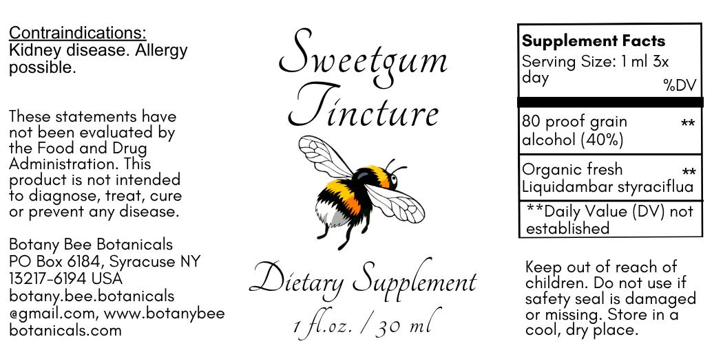 Label for Sweetgum Tincture dietary supplement with a bee illustration and supplement facts.