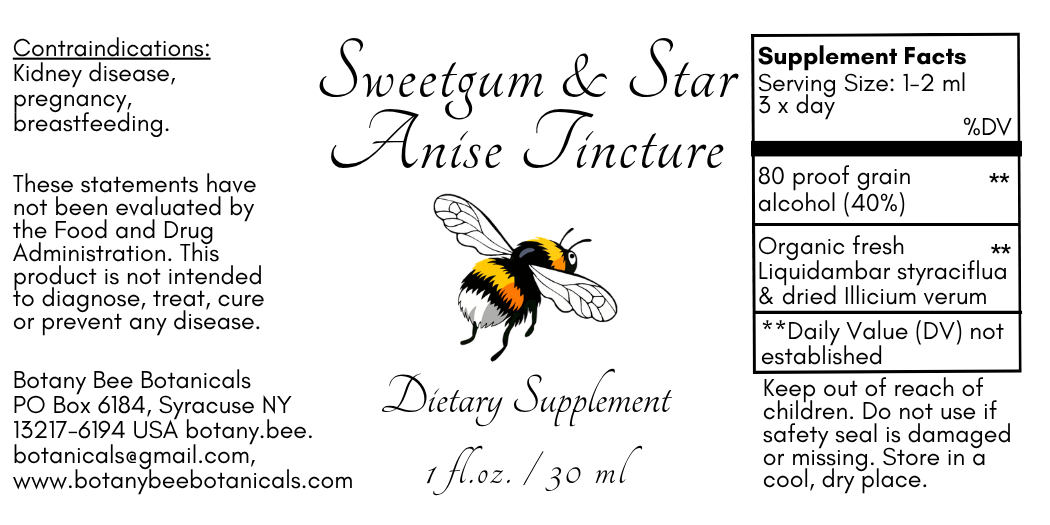 Label for Sweetgum & Star Anise Tincture dietary supplement with bee illustration and text.