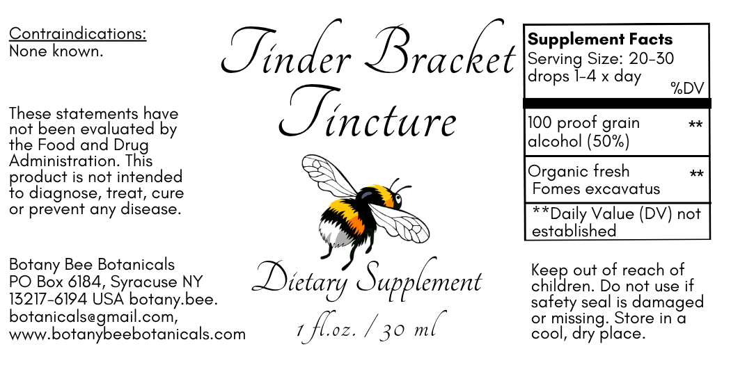 Label for Tinder Bracket Tincture dietary supplement with bee illustration and text.