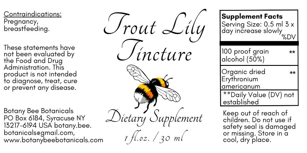 Label for Trout Lily Tincture dietary supplement with bee illustration and text.
