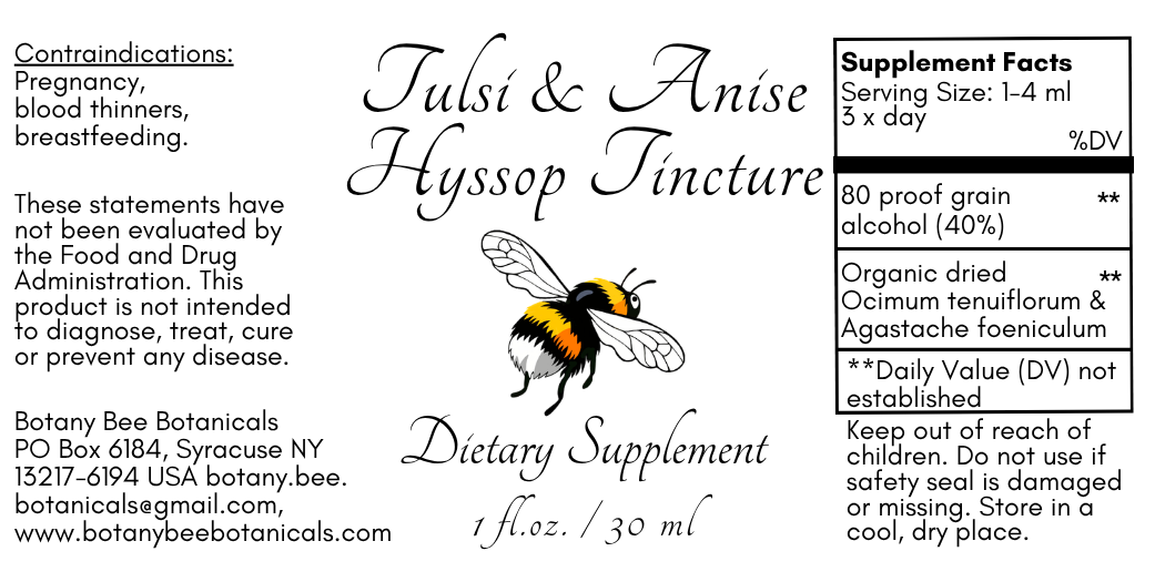 Label for Tulsi & Anise Hyssop Tincture dietary supplement with bee illustration and text.