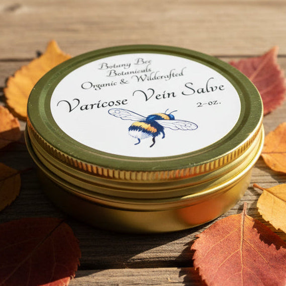 Gold-lidded jar of Botany Bee Botanicals Varicose Vein Salve