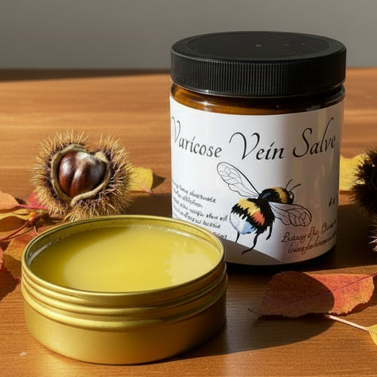 Jar of varicose vein salve with a black lid on a countertop