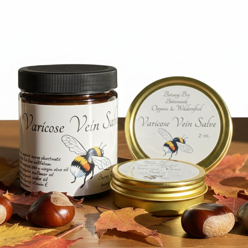 Varicose Vein Salve jars with bee illustrations on a wooden surface with chestnuts and leaves.