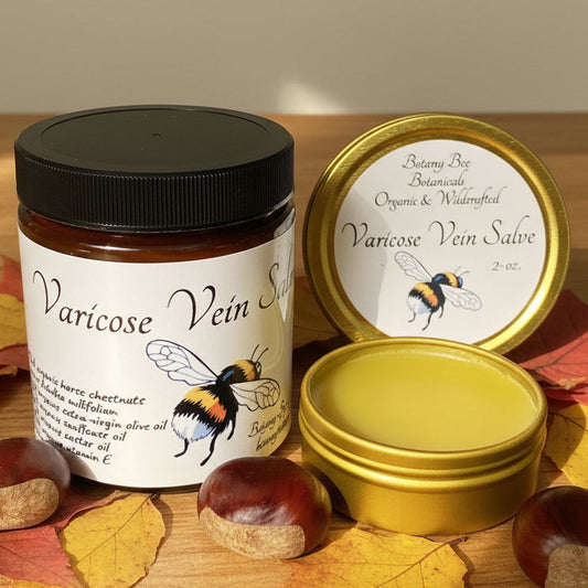 Two containers of Varicose Vein Salve with bee illustrations on a wooden surface.
