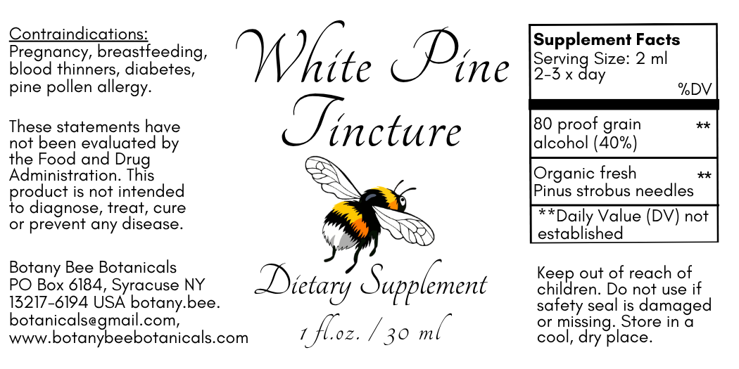 Label for White Pine Tincture dietary supplement with bee illustration and text.