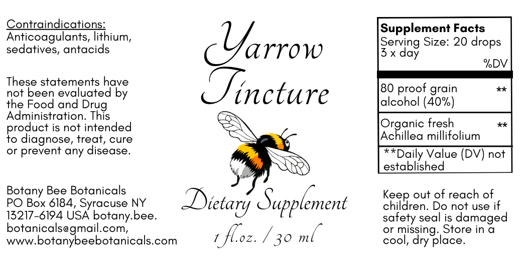 Yarrow Tincture dietary supplement label with bee illustration and text.