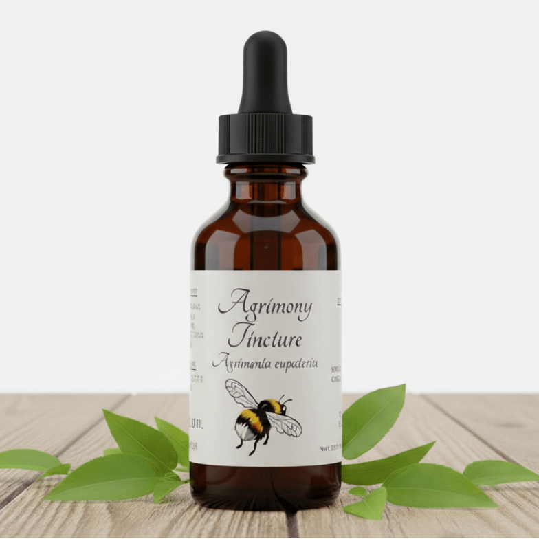 An amber glass dropper bottle labeled 'Agrimony Tincture' with a black cap, standing on a light wood surface with green leaves around it against a white background.