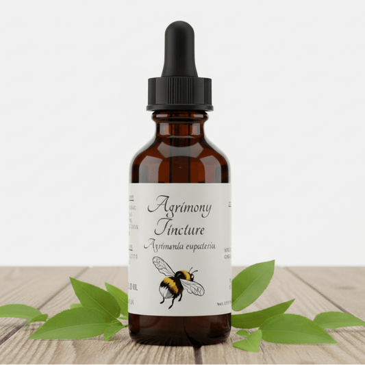 An amber glass dropper bottle labeled 'Agrimony Tincture' with a black cap, standing on a light wood surface with green leaves around it against a white background.