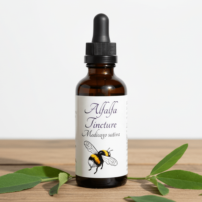 An amber glass dropper bottle labeled 'Alfalfa Tincture Medicago sativa' with a black dropper cap, placed on a wooden surface with green leaves around it against a white background.
