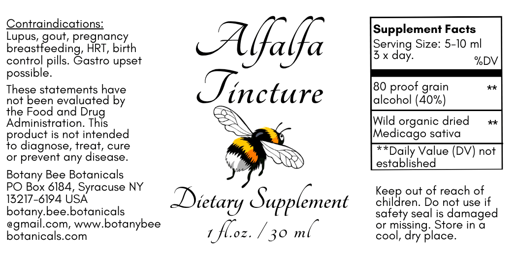 Alfalfa Jincture dietary supplement label with a bee illustration, warning text, and a supplement facts panel on a black background.