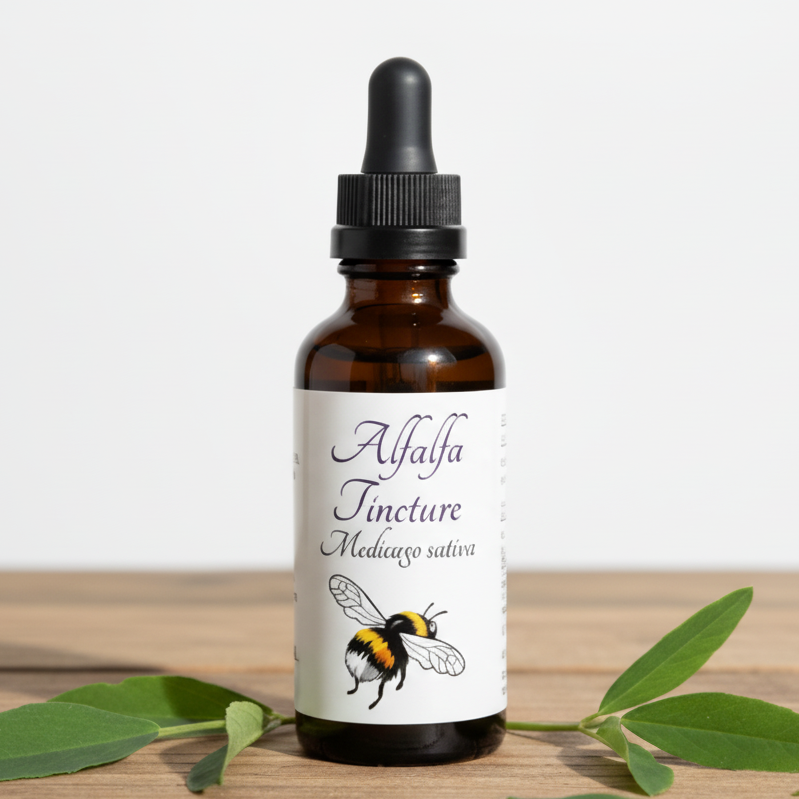 Label for Alfalfa Tincture with bee illustration and Botany Bee Botanicals contact information.